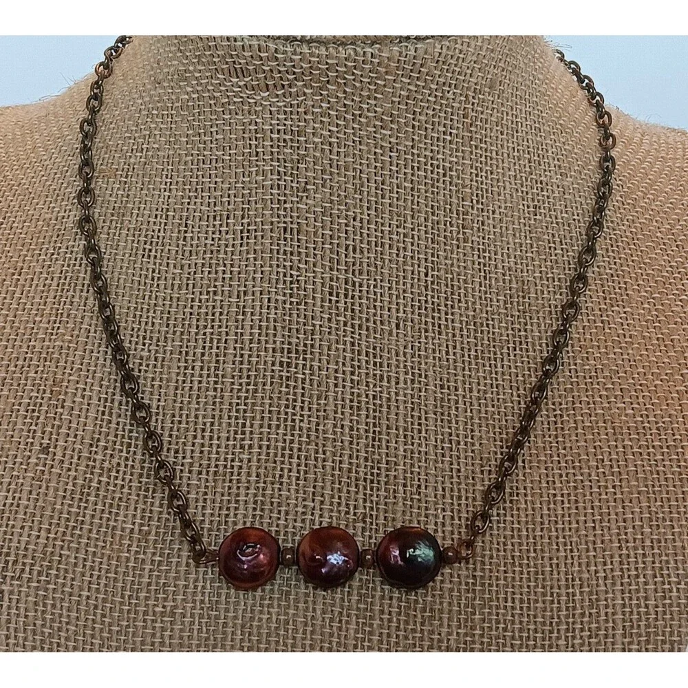 Copper Coin Pearl Choker Necklace 13-15 in